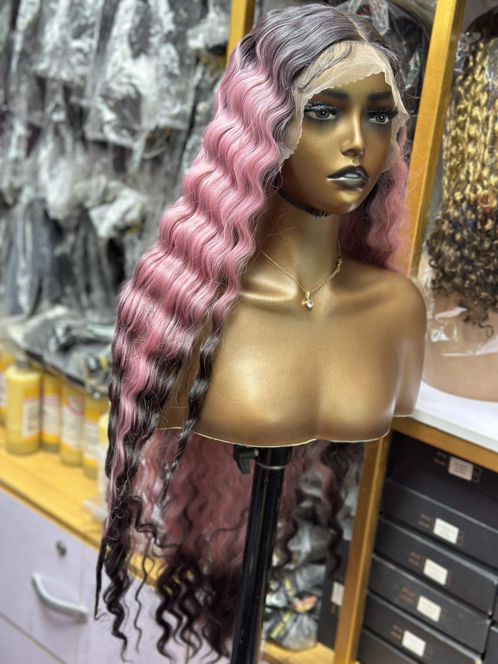 Premium 13x4 Lace Full Frontal Deep Wave Wig – Dark Root Ombre Pink & Charcoal Mix (30 Inches)
