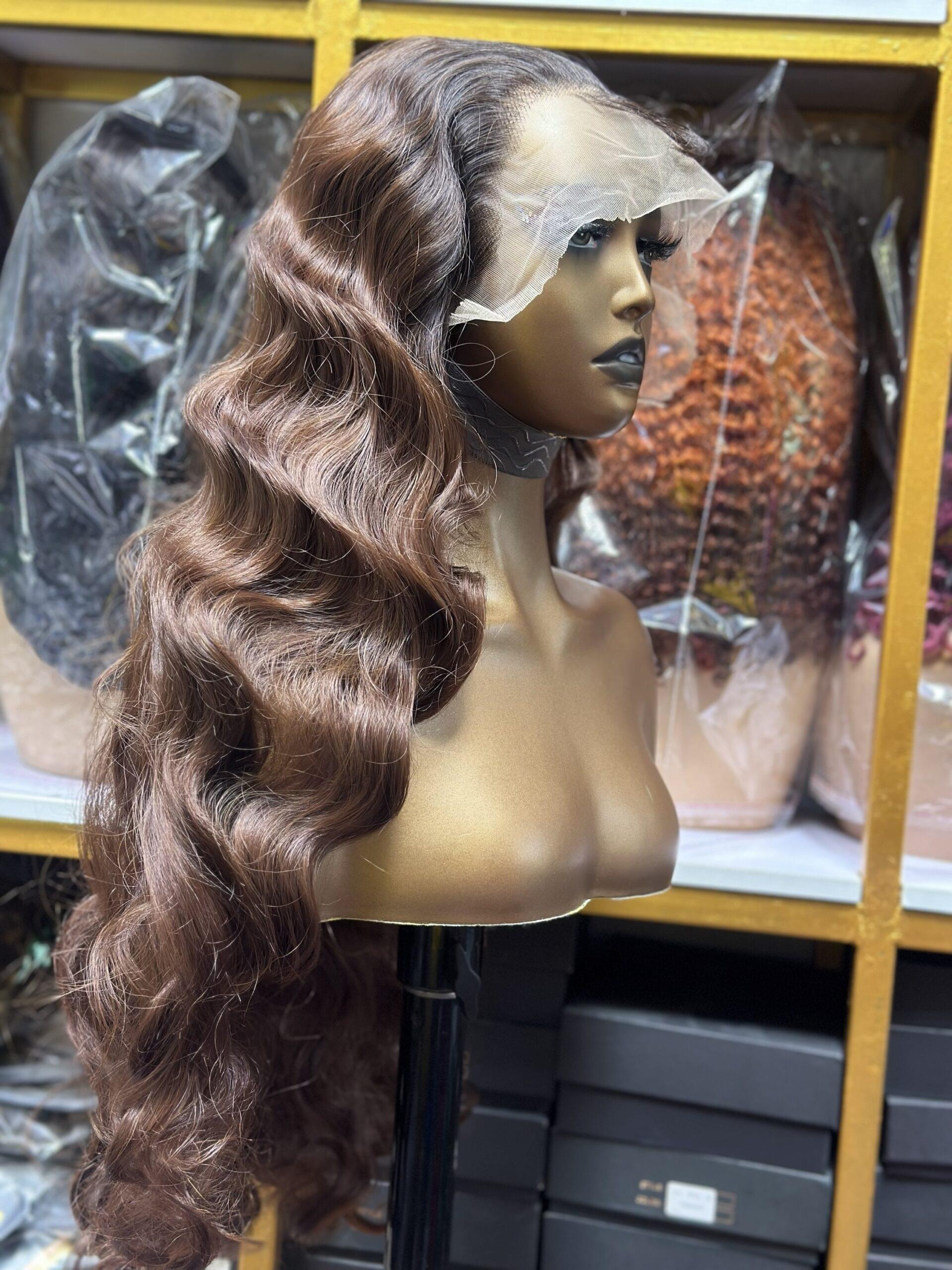 Premium 13x4 Lace Full Frontal Body Wave Wig – 1B/4 Dark Chocolate Brown Mix (30 Inches)